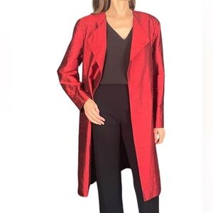 LAFAYETTE 148 RED 100% RAW SILK OPEN FRONT LONG BLAZER size 2 petite vintage